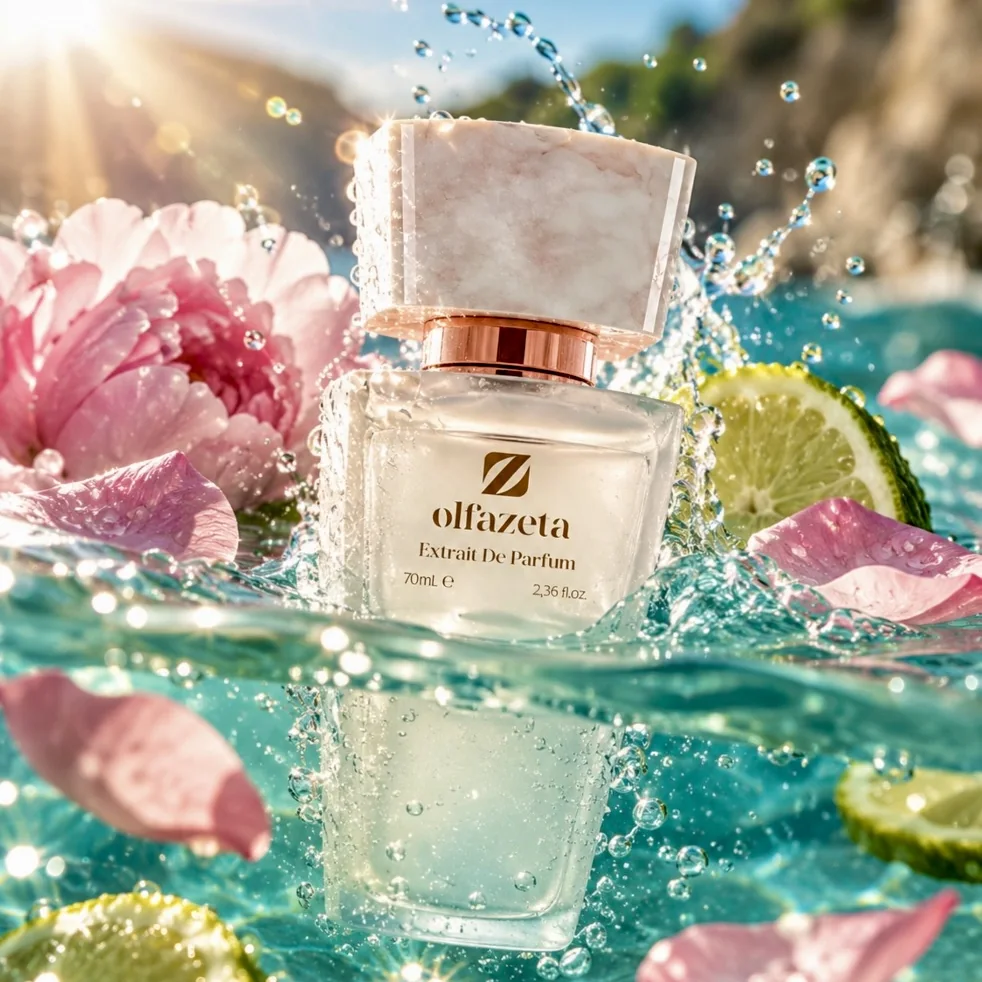 Flacon d’extrait de parfum Olfazeta dans l’eau, fleurs et citron vert