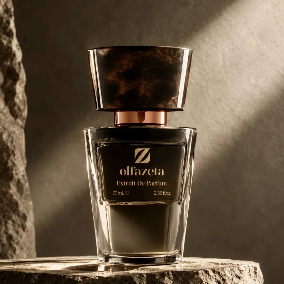 Flacon d’extrait de parfum Olfazeta sur une pierre, lumière chaude