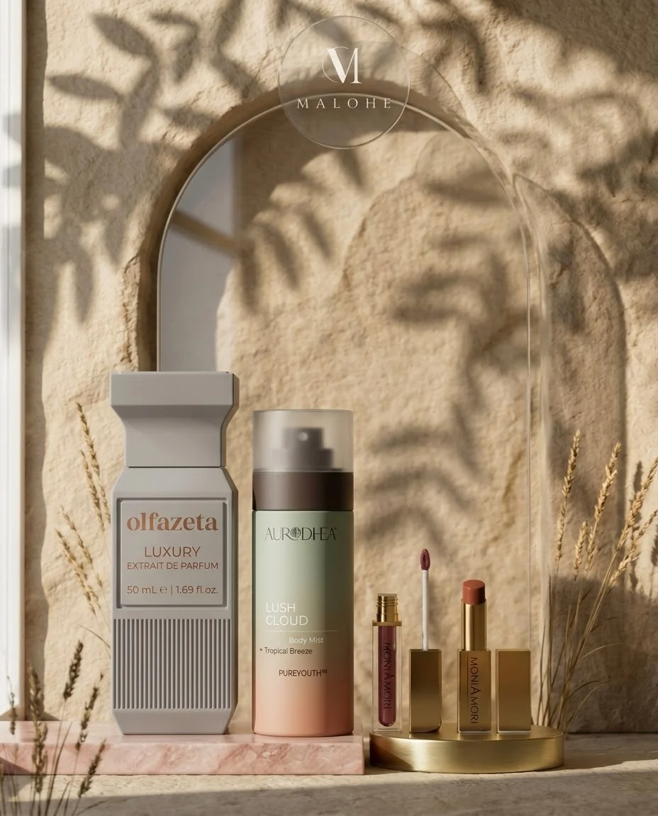 Parfum Olfazeta, brume Aurodhea et maquillage MoniAmori devant une arche, sous les ombres de feuillages