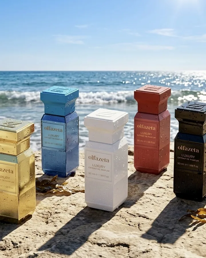 Extraits de parfum Olfazeta posés sur un rocher face à la mer